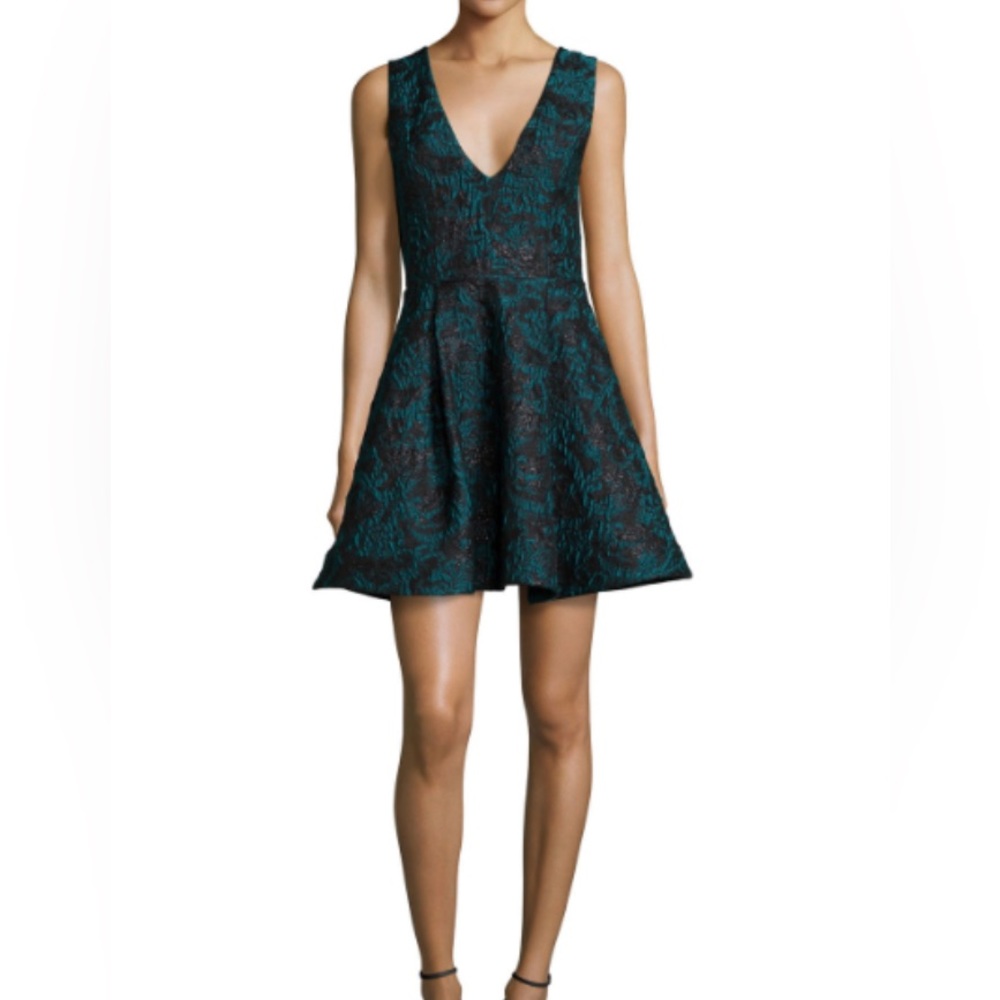 Alice + Olivia Malory Fit & Flare Mini Dress Black Teal Jacquard V Neck size 2
